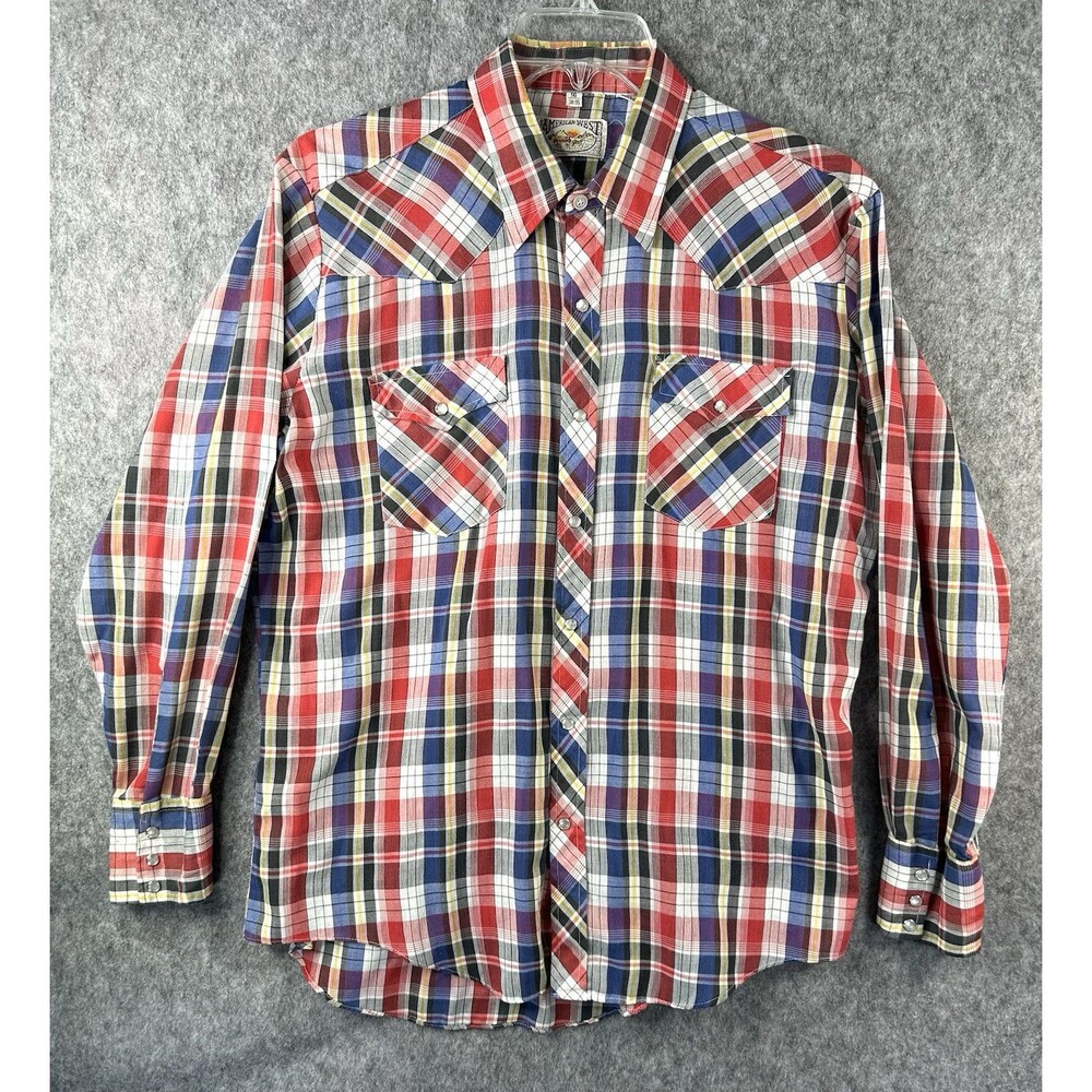 Vintage American West Pearl Snap Red Blue Plaid Shirt Men's 16 - 34/35 Western